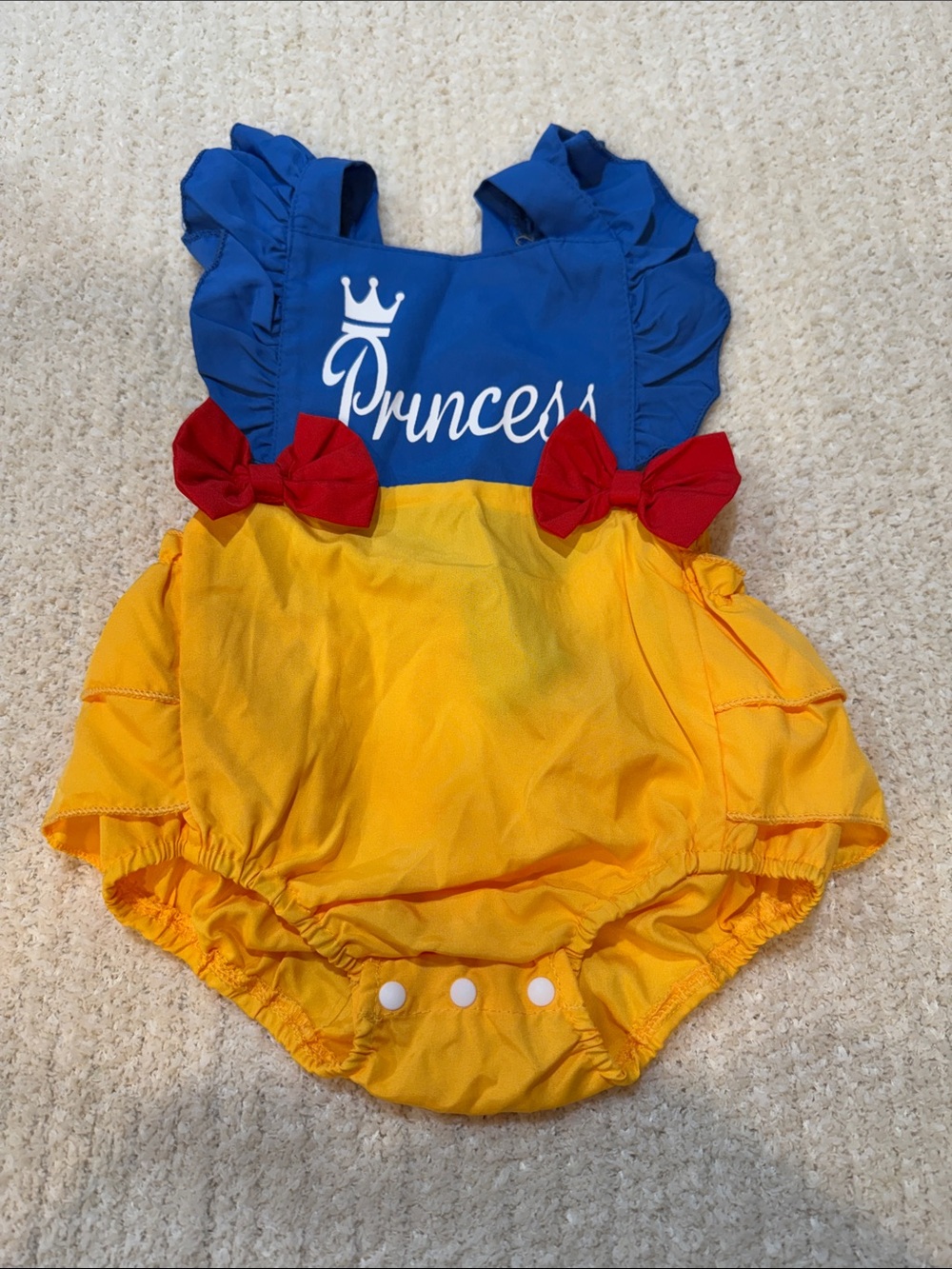 Snow White inspired Blue & Yellow "Princess" Baby Romper with Red Bows